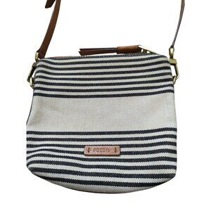 Fossil Blue & Ivory Striped Canvas Crossbody With Adjustable Brown Leather Strap